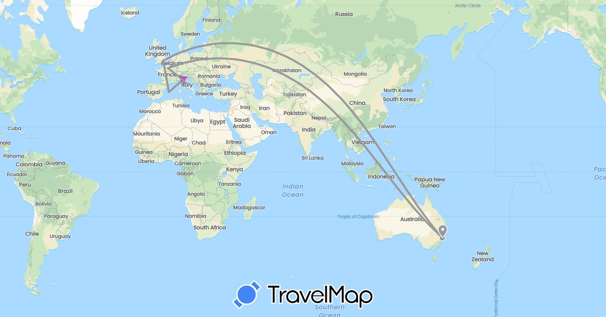 TravelMap itinerary: driving, plane, train in Australia, Spain, France, United Kingdom, Italy (Europe, Oceania)